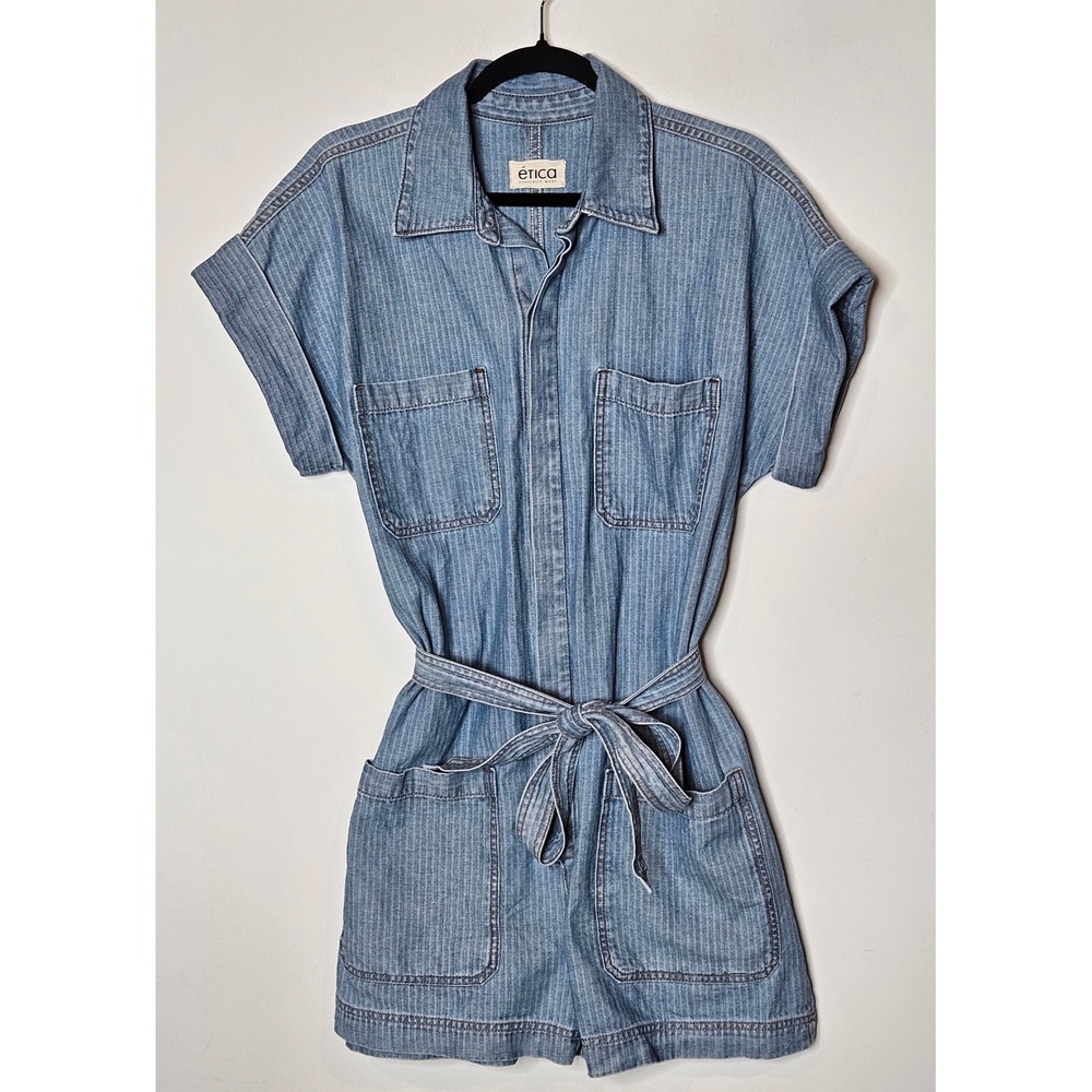 Etica Adeya Pinstripe Womens‎ Med Denim Blue Utility Romper Belted Light Wash